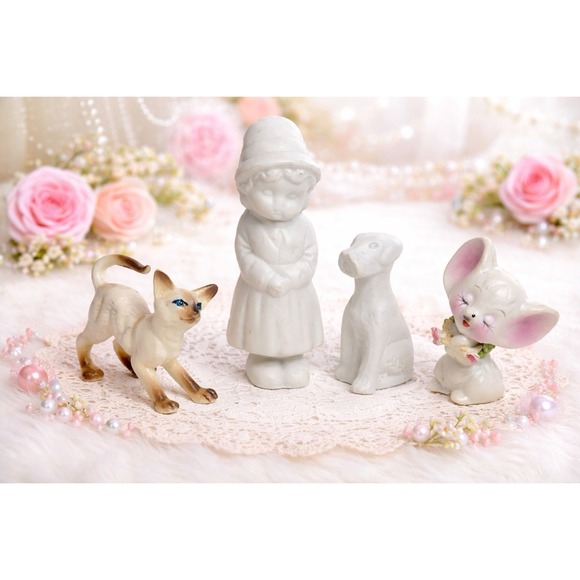 The Unbranded Brand Other - Lot of 4 Vintage Miniature Porcelain / Bisque Figurines Girl - Dog - Mouse - Cat